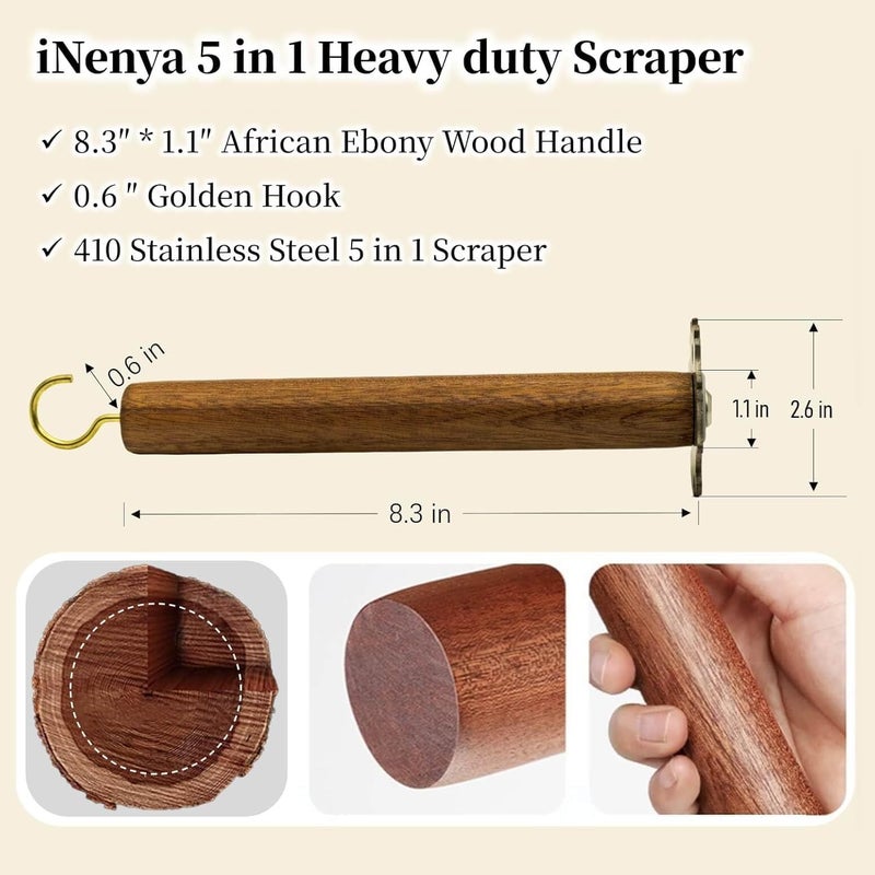 iNenya Grill Scraper for BBQ Grate and Griddle, Bristle-Free, 8.3” Wooden Handle – Safe Grill Cleaner for Outdoor Grills, Includes Round and V-Shaped Grooves – Grilling Accessories for Men - Image 2